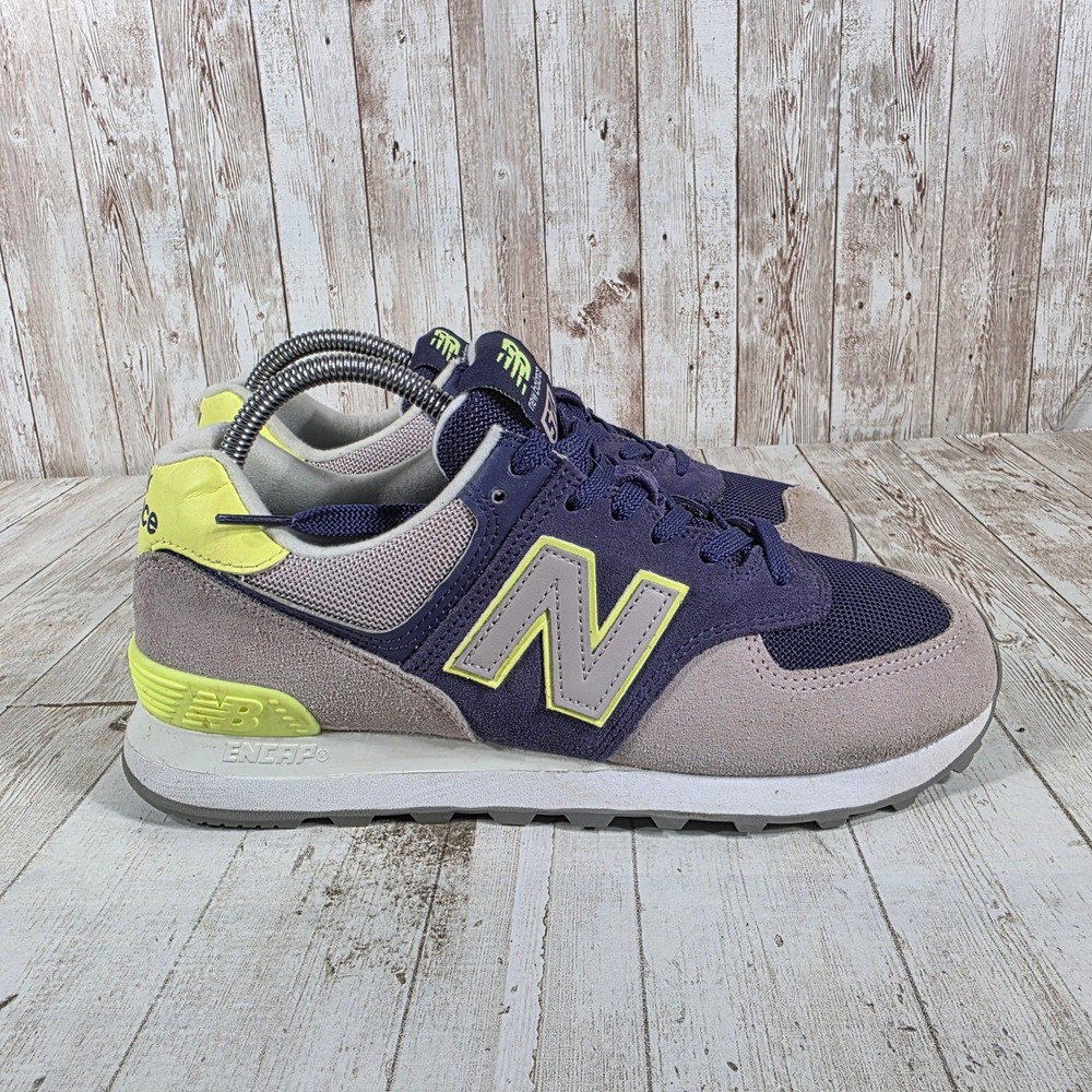 New Balance 574 Womens Purple Grey Neon Yellow Sneakers WL574SOU Size 9